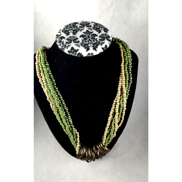 Statement Choker Style Necklace 7 Twisted Strands and Several Rings Greens Gold - Picture 1 of 4